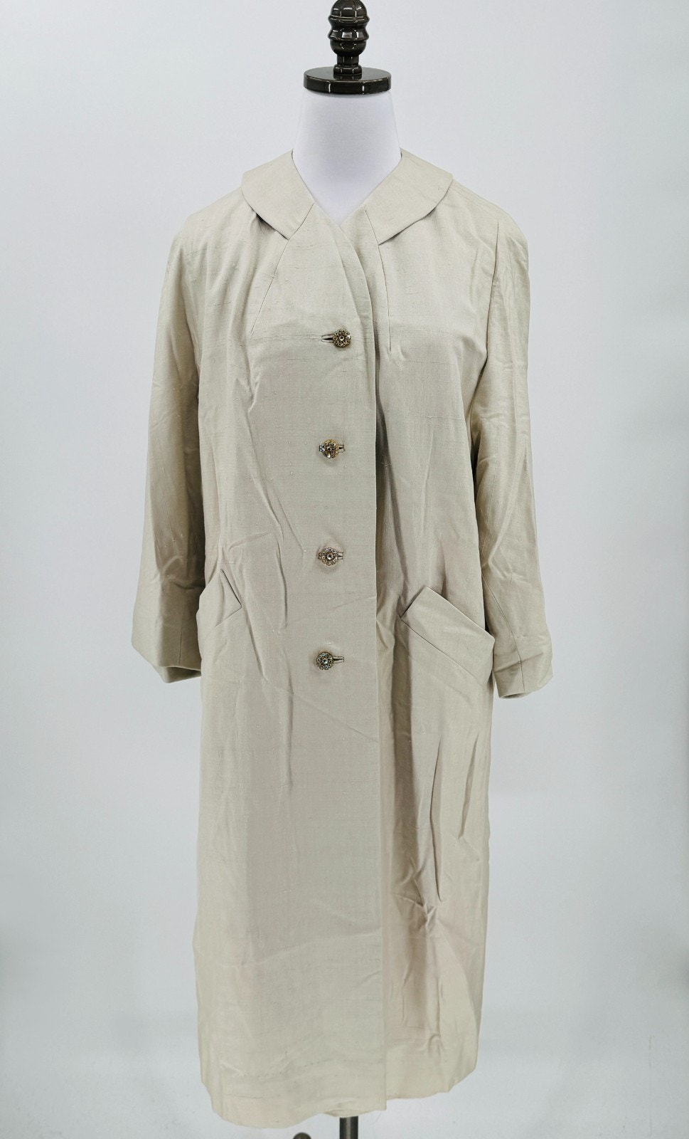 Bullock's Westwood Vintage Tan Silk Linen Collared Rhinestone Buttons Long Coat